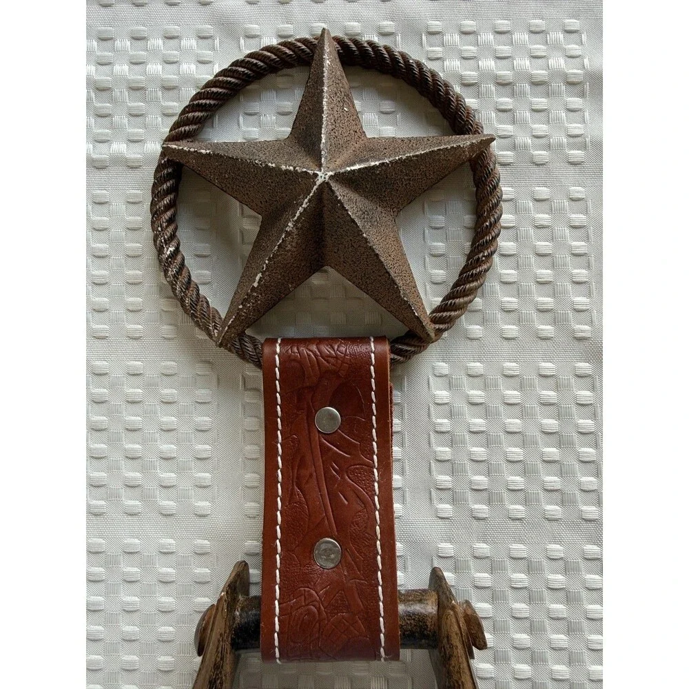 Montana Western Stirrup Towel Holder Rustic Leather Cast Iron Texas Star.